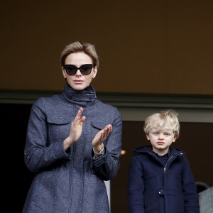 La princesse Charlene de Monaco et son fils le prince Jacques de Monaco - 8ème édition du tournoi de rugby Sainte-Dévote au Stade Louis II à Monaco, le 31 mars 2018. © Jean-François Ottonello/Nice Matin/Bestimage