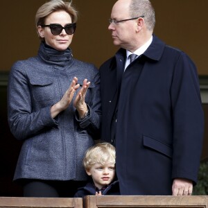 Le prince Albert II de Monaco, la princesse Charlene de Monaco et leur fils le prince Jacques de Monaco - 8ème édition du tournoi de rugby Sainte-Dévote au Stade Louis II à Monaco, le 31 mars 2018. © Jean-François Ottonello/Nice Matin/Bestimage