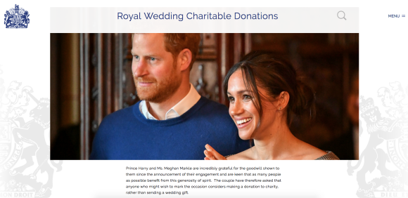 Le prince Harry et Meghan Markle ont demandé à ceux qui souhaiteraient manifester leur générosité à l'occasion de leur mariage, le 19 mai 2018 à Windsor, de faire des dons à des associations qu'ils ont désignées plutôt que des cadeaux. © Capture d'écran de la page Internet dédiée, sur le site de la famille royale britannique.