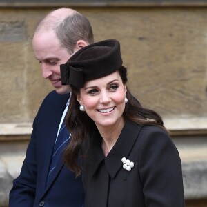 La duchesse Catherine de Cambridge, enceinte de huit mois, à Windsor le 31 mars 2018 lors de la messe de Pâques à laquelle la famille royale à assisté en la chapelle St George.
