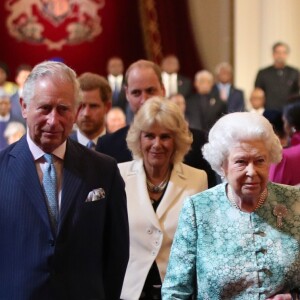 Le prince Charles et la duchesse Camilla avec la reine Elizabeth II à Londres le 19 avril 2018 lors de la rencontre des chefs d'Etats du Commonwealth.