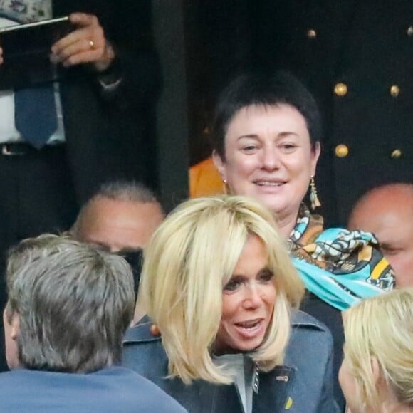 Le président de la République française Emmanuel Macron, sa femme la Première dame Brigitte Macron, Jean-Michel Blanquer, ministre de l'Education Nationale, François Baroin et sa compagne Michèle Laroque - Célébrités lors de la finale de la Coupe de France opposant le club de Vendée les Herbiers Football (VHF) au Club du Paris Saint-Germain au Stade de France à Saint-Denis, le 9 mai 2018.