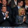 Le président de la République française Emmanuel Macron, sa femme la Première dame Brigitte Macron, Benjamin Griveaux - Célébrités lors de la finale de la Coupe de France opposant le club de Vendée les Herbiers Football (VHF) au Club du Paris Saint-Germain au Stade de France à Saint-Denis, le 9 mai 2018.