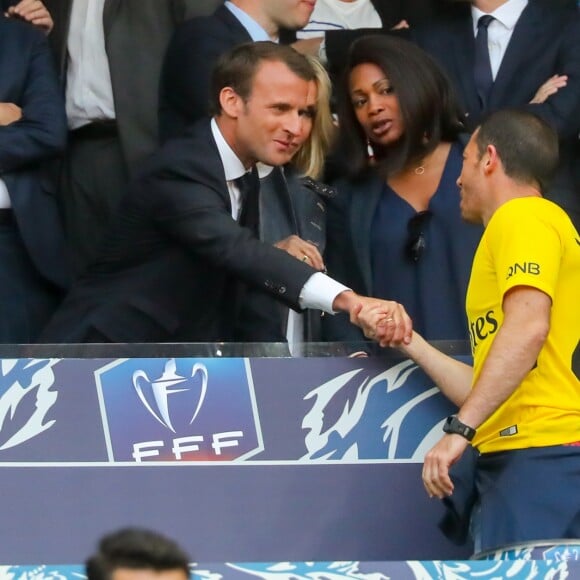 Le président de la République française Emmanuel Macron, sa femme la Première dame Brigitte Macron, Laura Flessel et Jean-Michel Blanquer - Célébrités lors de la finale de la Coupe de France opposant le club de Vendée les Herbiers Football (VHF) au Club du Paris Saint-Germain au Stade de France à Saint-Denis, le 9 mai 2018.
