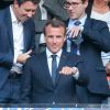 Le président de la République française Emmanuel Macron et Benjamin Griveaux  - Célébrités lors de la finale de la Coupe de France opposant le club de Vendée les Herbiers Football (VHF) au Club du Paris Saint-Germain au Stade de France à Saint-Denis, le 9 mai 2018.