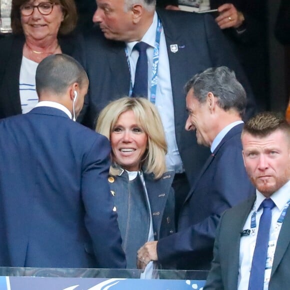 La Première Dame Brigitte Macron et Nicolas Sarkozy - Célébrités lors de la finale de la Coupe de France opposant le club de Vendée les Herbiers Football (VHF) au Club du Paris Saint-Germain au Stade de France à Saint-Denis, le 9 mai 2018.