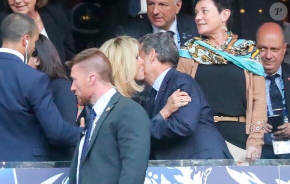 Anne Hidalgo, la Première Dame Brigitte Macron et Nicolas Sarkozy - Célébrités lors de la finale de la Coupe de France opposant le club de Vendée les Herbiers Football (VHF) au Club du Paris Saint-Germain au Stade de France à Saint-Denis, le 9 mai 2018.