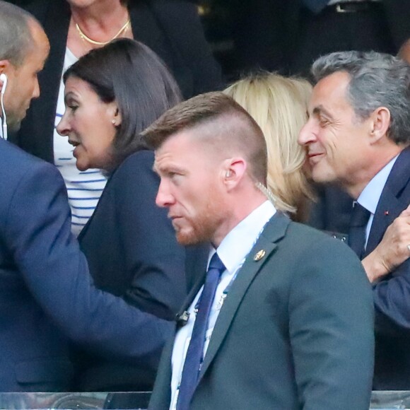 Anne Hidalgo, la Première Dame Brigitte Macron et Nicolas Sarkozy - Célébrités lors de la finale de la Coupe de France opposant le club de Vendée les Herbiers Football (VHF) au Club du Paris Saint-Germain au Stade de France à Saint-Denis, le 9 mai 2018.