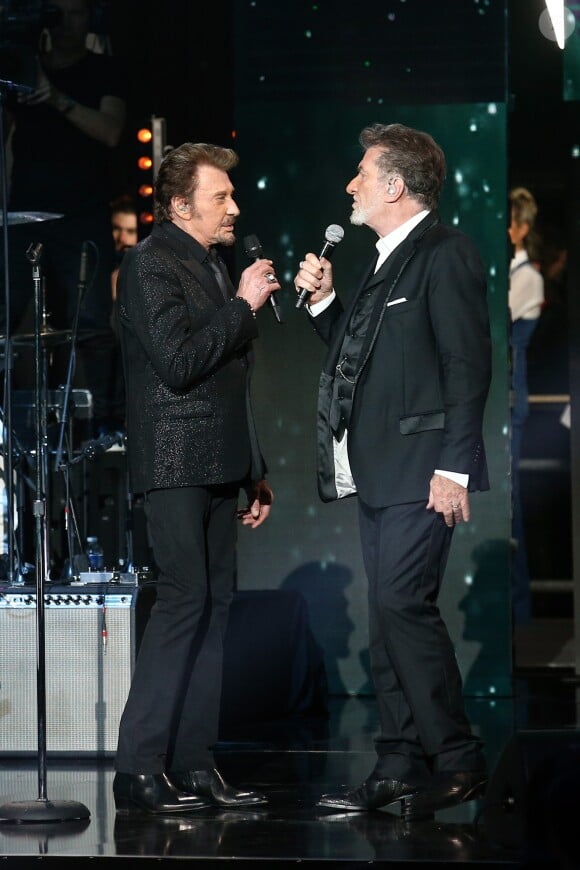 Exclusif - Eddy Mitchell et Johnny Hallyday - Enregistrement de l'émission "Johnny, la soirée événement", pour TF1, décembre 2014