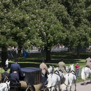 17/05/2018. Windsor, UK. A covered coach and horses process along the Long Walk towards Windsor Castle during a rehearsal of the wedding day procession of Prince Harry and Meghan Markle. Photo by Peter Macdiarmid / eyevine/ABACAPRESS.COM17/05/2018 - Windsor