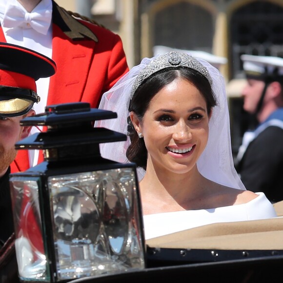 Meghan Markle et le prince Harry, duc et duchesse de Sussex, ont effectué une procession dans le landau Ascot après leur mariage en la chapelle St George à Windsor le 19 mai 2018, à la rencontre du public dans toute la ville de Windsor et le long du Long Walk.