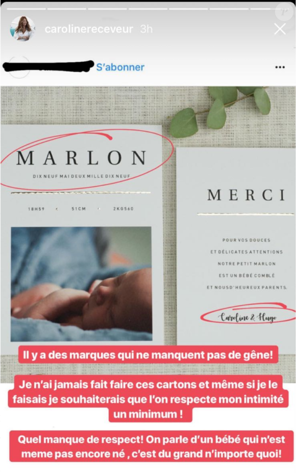 Caroline Receveur pousse un coup de gueule contre une marque qui utilise l'identité de son futur bébé, Marlon. Mai 2018