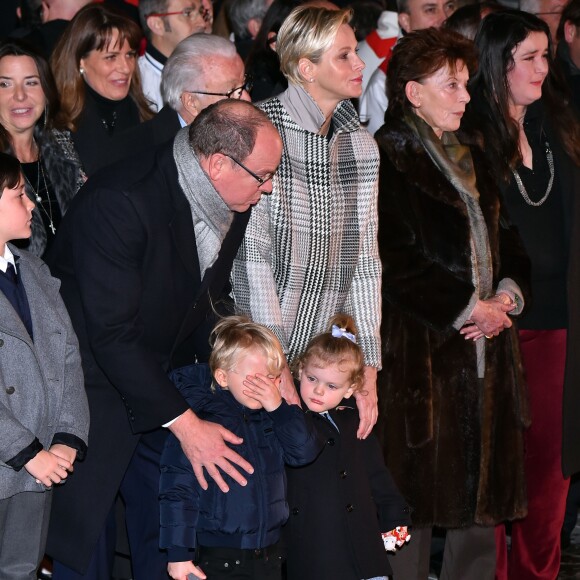 Le prince Albert II de Monaco, la princesse Charlene et leurs enfants, le prince Jacques et la princesse Gabriella, Elisabeth-Anne de Massy et sa fille Melanie Antoinette De Massy - La famille princière de Monaco lors de la traditionnelle célébration de la Sainte Dévote, Sainte patronne de Monaco, à Monaco. Le 26 janvier 2018 © Bruno Bebert / Bestimage