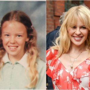 Kylie Minogue, enfant en 1980 et le 24 avril 2018 à New York.