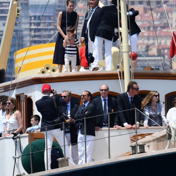 Charlotte Casiraghi et son fils Raphael, le prince Albert II de Monaco, la princesse Caroline de Hanovre et des invités et membres du Yacht Club - Départ du 1er Monaco Globe Series à Monaco le 3 juin 2018. © Bruno Bebert/Bestimage