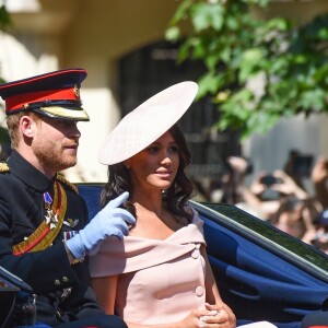 Le prince Harry, duc de Sussex, et Meghan Markle, duchesse de Sussex - Les membres de la famille royale britannique lors du rassemblement militaire "Trooping the Colour" (le "salut aux couleurs"), célébrant l'anniversaire officiel du souverain britannique. Cette parade a lieu à Horse Guards Parade, chaque année au cours du deuxième samedi du mois de juin. Londres, le 9 juin 2018.