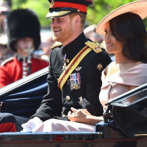 Le prince Harry, duc de Sussex, et Meghan Markle, duchesse de Sussex - Les membres de la famille royale britannique lors du rassemblement militaire "Trooping the Colour" (le "salut aux couleurs"), célébrant l'anniversaire officiel du souverain britannique. Cette parade a lieu à Horse Guards Parade, chaque année au cours du deuxième samedi du mois de juin. Londres, le 9 juin 2018.