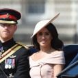 Le prince Harry, duc de Sussex, et Meghan Markle, duchesse de Sussex - Les membres de la famille royale britannique lors du rassemblement militaire "Trooping the Colour" (le "salut aux couleurs"), célébrant l'anniversaire officiel du souverain britannique. Cette parade a lieu à Horse Guards Parade, chaque année au cours du deuxième samedi du mois de juin. Londres, le 9 juin 2018.