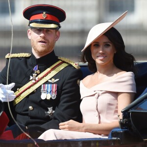 Le prince Harry, duc de Sussex, et Meghan Markle, duchesse de Sussex - Les membres de la famille royale britannique lors du rassemblement militaire "Trooping the Colour" (le "salut aux couleurs"), célébrant l'anniversaire officiel du souverain britannique. Cette parade a lieu à Horse Guards Parade, chaque année au cours du deuxième samedi du mois de juin. Londres, le 9 juin 2018.