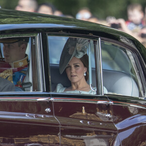 Le prince William, duc de Cambridge, et Catherine (Kate) Middleton, duchesse de Cambridge - Les membres de la famille royale britannique lors du rassemblement militaire "Trooping the Colour" (le "salut aux couleurs"), célébrant l'anniversaire officiel du souverain britannique. Cette parade a lieu à Horse Guards Parade, chaque année au cours du deuxième samedi du mois de juin. Londres, le 9 juin 2018.