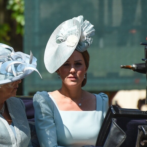 Camilla Parker Bowles, duchesse de Cornouailles, et Catherine (Kate) Middleton, duchesse de Cambridge - Les membres de la famille royale britannique lors du rassemblement militaire "Trooping the Colour" (le "salut aux couleurs"), célébrant l'anniversaire officiel du souverain britannique. Cette parade a lieu à Horse Guards Parade, chaque année au cours du deuxième samedi du mois de juin. Londres, le 9 juin 2018.