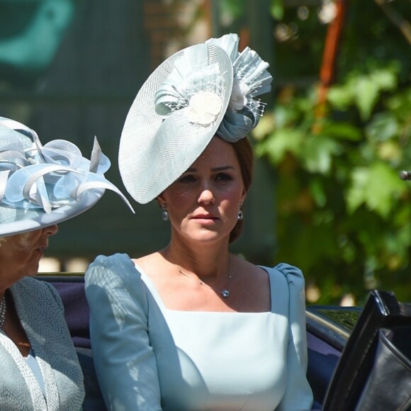 Camilla Parker Bowles, duchesse de Cornouailles, et Catherine (Kate) Middleton, duchesse de Cambridge - Les membres de la famille royale britannique lors du rassemblement militaire "Trooping the Colour" (le "salut aux couleurs"), célébrant l'anniversaire officiel du souverain britannique. Cette parade a lieu à Horse Guards Parade, chaque année au cours du deuxième samedi du mois de juin. Londres, le 9 juin 2018.