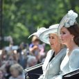 Camilla Parker Bowles, duchesse de Cornouailles, et Catherine (Kate) Middleton, duchesse de Cambridge - Les membres de la famille royale britannique lors du rassemblement militaire "Trooping the Colour" (le "salut aux couleurs"), célébrant l'anniversaire officiel du souverain britannique. Cette parade a lieu à Horse Guards Parade, chaque année au cours du deuxième samedi du mois de juin. Londres, le 9 juin 2018.