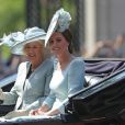 Camilla Parker Bowles, duchesse de Cornouailles, et Catherine (Kate) Middleton, duchesse de Cambridge - Les membres de la famille royale britannique lors du rassemblement militaire "Trooping the Colour" (le "salut aux couleurs"), célébrant l'anniversaire officiel du souverain britannique. Cette parade a lieu à Horse Guards Parade, chaque année au cours du deuxième samedi du mois de juin. Londres, le 9 juin 2018.