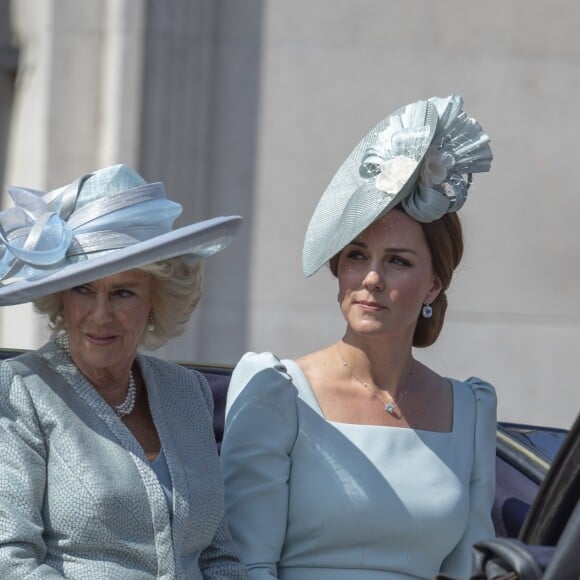 Camilla Parker Bowles, duchesse de Cornouailles, et Catherine (Kate) Middleton, duchesse de Cambridge - Les membres de la famille royale britannique lors du rassemblement militaire "Trooping the Colour" (le "salut aux couleurs"), célébrant l'anniversaire officiel du souverain britannique. Cette parade a lieu à Horse Guards Parade, chaque année au cours du deuxième samedi du mois de juin. Londres, le 9 juin 2018.