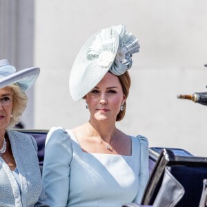 Camilla Parker Bowles, duchesse de Cornouailles, et Catherine (Kate) Middleton, duchesse de Cambridge - Les membres de la famille royale britannique lors du rassemblement militaire "Trooping the Colour" (le "salut aux couleurs"), célébrant l'anniversaire officiel du souverain britannique. Cette parade a lieu à Horse Guards Parade, chaque année au cours du deuxième samedi du mois de juin. Londres, le 9 juin 2018.