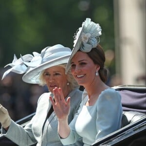 Camilla Parker Bowles, duchesse de Cornouailles, et Catherine (Kate) Middleton, duchesse de Cambridge - Les membres de la famille royale britannique lors du rassemblement militaire "Trooping the Colour" (le "salut aux couleurs"), célébrant l'anniversaire officiel du souverain britannique. Cette parade a lieu à Horse Guards Parade, chaque année au cours du deuxième samedi du mois de juin. Londres, le 9 juin 2018.