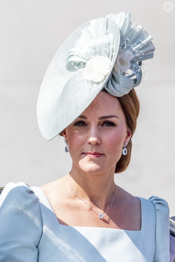 Catherine (Kate) Middleton, duchesse de Cambridge - Les membres de la famille royale britannique lors du rassemblement militaire "Trooping the Colour" (le "salut aux couleurs"), célébrant l'anniversaire officiel du souverain britannique. Cette parade a lieu à Horse Guards Parade, chaque année au cours du deuxième samedi du mois de juin. Londres, le 9 juin 2018.