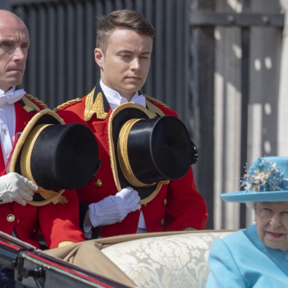 La reine Elisabeth II d'Angleterre - Les membres de la famille royale britannique lors du rassemblement militaire "Trooping the Colour" (le "salut aux couleurs"), célébrant l'anniversaire officiel du souverain britannique. Cette parade a lieu à Horse Guards Parade, chaque année au cours du deuxième samedi du mois de juin. Londres, le 9 juin 2018.