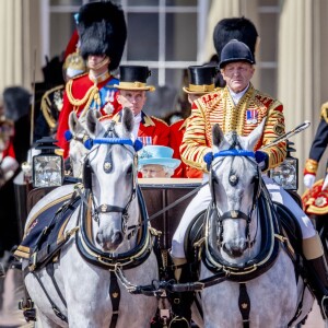 La reine Elisabeth II d'Angleterre - Les membres de la famille royale britannique lors du rassemblement militaire "Trooping the Colour" (le "salut aux couleurs"), célébrant l'anniversaire officiel du souverain britannique. Cette parade a lieu à Horse Guards Parade, chaque année au cours du deuxième samedi du mois de juin. Londres, le 9 juin 2018.
