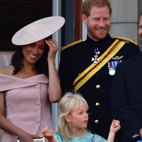 Catherine (Kate) Middleton, duchesse de Cambridge, le prince Harry, duc de Sussex, et Meghan Markle, duchesse de Sussex, et Isla Phillips - Les membres de la famille royale britannique lors du rassemblement militaire "Trooping the Colour" (le "salut aux couleurs"), célébrant l'anniversaire officiel du souverain britannique. Cette parade a lieu à Horse Guards Parade, chaque année au cours du deuxième samedi du mois de juin. Londres, le 9 juin 2018.