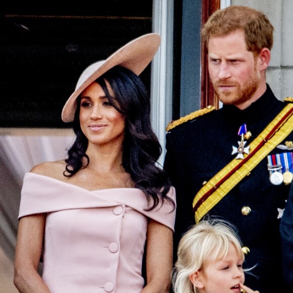 Catherine (Kate) Middleton, duchesse de Cambridge, le prince Harry, duc de Sussex, et Meghan Markle, duchesse de Sussex, et Isla Phillips - Les membres de la famille royale britannique lors du rassemblement militaire "Trooping the Colour" (le "salut aux couleurs"), célébrant l'anniversaire officiel du souverain britannique. Cette parade a lieu à Horse Guards Parade, chaque année au cours du deuxième samedi du mois de juin. Londres, le 9 juin 2018.