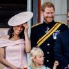 Catherine (Kate) Middleton, duchesse de Cambridge, le prince Harry, duc de Sussex, et Meghan Markle, duchesse de Sussex, Peter Phillips et sa femme Autumn Phillips avec leurs enfants Savannah et Isla - Les membres de la famille royale britannique lors du rassemblement militaire "Trooping the Colour" (le "salut aux couleurs"), célébrant l'anniversaire officiel du souverain britannique. Cette parade a lieu à Horse Guards Parade, chaque année au cours du deuxième samedi du mois de juin. Londres, le 9 juin 2018.