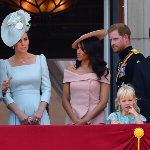 Camilla Parker Bowles, duchesse de Cornouailles, Catherine (Kate) Middleton, duchesse de Cambridge, le prince Harry, duc de Sussex, et Meghan Markle, duchesse de Sussex, Peter Phillips et sa femme Autumn Phillips avec leurs enfants Savannah et Isla - Les membres de la famille royale britannique lors du rassemblement militaire "Trooping the Colour" (le "salut aux couleurs"), célébrant l'anniversaire officiel du souverain britannique. Cette parade a lieu à Horse Guards Parade, chaque année au cours du deuxième samedi du mois de juin. Londres, le 9 juin 2018.