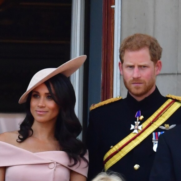 Camilla Parker Bowles, duchesse de Cornouailles, Catherine (Kate) Middleton, duchesse de Cambridge, le prince Harry, duc de Sussex, et Meghan Markle, duchesse de Sussex, Peter Phillips et sa femme Autumn Phillips avec leurs enfants Savannah et Isla - Les membres de la famille royale britannique lors du rassemblement militaire "Trooping the Colour" (le "salut aux couleurs"), célébrant l'anniversaire officiel du souverain britannique. Cette parade a lieu à Horse Guards Parade, chaque année au cours du deuxième samedi du mois de juin. Londres, le 9 juin 2018.