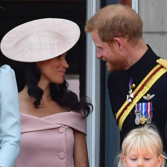 Catherine (Kate) Middleton, duchesse de Cambridge, le prince Harry, duc de Sussex, et Meghan Markle, duchesse de Sussex, Peter Phillips et sa fille Isla - Les membres de la famille royale britannique lors du rassemblement militaire "Trooping the Colour" (le "salut aux couleurs"), célébrant l'anniversaire officiel du souverain britannique. Cette parade a lieu à Horse Guards Parade, chaque année au cours du deuxième samedi du mois de juin. Londres, le 9 juin 2018.