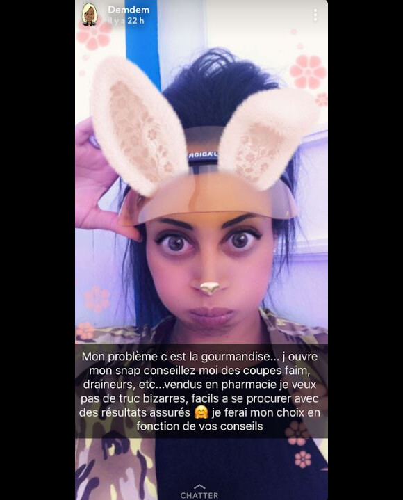 Demdem, la femme de Maîtres Gims, a demandé l'aide de ses fans sur Snapchat pour perdre du poids. Juin 2018.