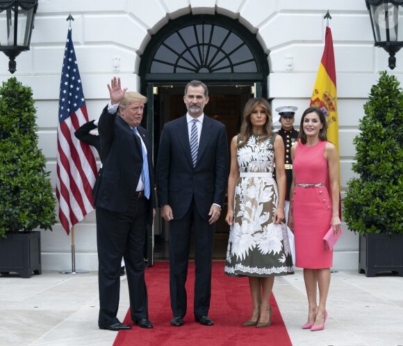 Donald Trump et Melania reçoivent le roi Felipe VI et la reine Letizia d'Espagne à la Maison Blanche à Washington DC, le 19 juin 2018.