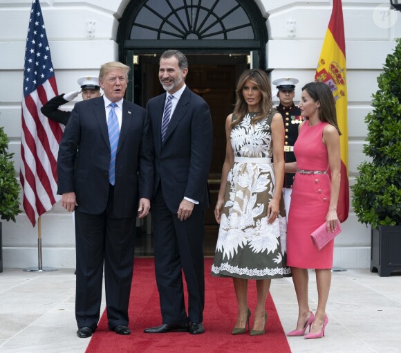 Donald Trump et Melania reçoivent le roi Felipe VI et la reine Letizia d'Espagne à la Maison Blanche à Washington DC, le 19 juin 2018.