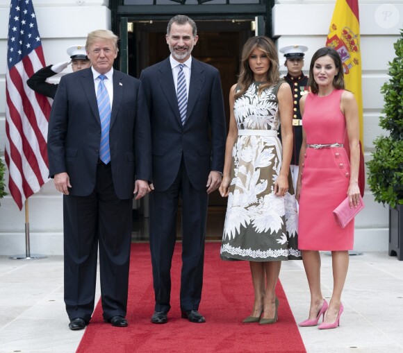 Donald Trump et Melania reçoivent le roi Felipe VI et la reine Letizia d'Espagne à la Maison Blanche à Washington DC, le 19 juin 2018.