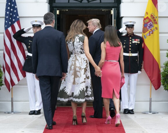Donald Trump et Melania reçoivent le roi Felipe VI et la reine Letizia d'Espagne à la Maison Blanche à Washington DC, le 19 juin 2018.