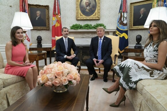 Donald Trump et Melania reçoivent le roi Felipe VI et la reine Letizia d'Espagne à la Maison Blanche à Washington DC, le 19 juin 2018.