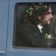 Mariage de Kit Harington et Rose Leslie, qui quittent la Rayne Churche dans un vieux Land Rover Defender 30. Aberdeen en Ecosse, le 23 juin 2018.
