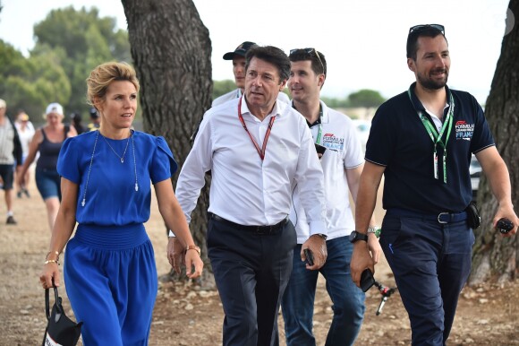 Exclusif - Christian Estrosi et sa femme Laura Tenoudji accompagné par Ludovic Arnault, le directeur délégué du Grand Prix de France, durant la journée d'essai du Grand Prix de France au Castellet le 23 juin 2018. Ils ont visité le Village situé derrière les tribunes et ouvert au public. Christian Estrosi, le maire de Nice et le vice président du Conseil Regional de PACA, est à l'origine du retour du Grand prix de France au Circuit Paul Ricard. © Bruno Bebert/Bestimage