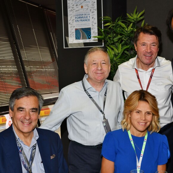 François Fillon, Laura Tenoudji, Jean Todt, Christian Estrosi et Nicolas Deschaux, président de la Fédération Française de Sport Automobile, durant la journée d'essai du Grand Prix de France au Castellet le 23 juin 2018. Christian Estrosi, le maire de Nice et le vice président du Conseil Regional de PACA, est à l'origine du retour du Grand prix de France au Circuit Paul Ricard. © Bruno Bebert/Bestimage