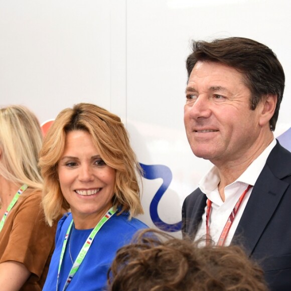 Charlotte Bouteloup, Christian Estrosi, sa femme Laura Tenoudji et son fils Milan durant la journée d'essai du Grand Prix de France au Castellet le 23 juin 2018. Christian Estrosi, le maire de Nice et le vice président du Conseil Regional de PACA, est à l'origine du retour du Grand prix de France au Circuit Paul Ricard. © Bruno Bebert/Bestimage